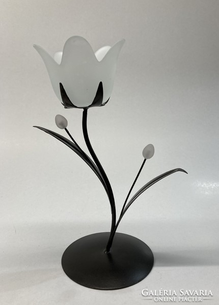 Metal candle holder with glass cup, flower-shaped