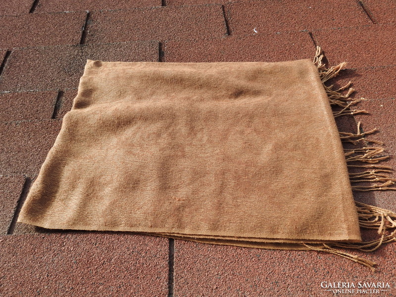 Large scarf with brown gold thread decoration and fringes at both ends