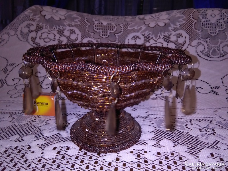 Antik, gyöngy fűzött, üveg függelékes asztali kínáló kosár - ritka vagy egyedi darab