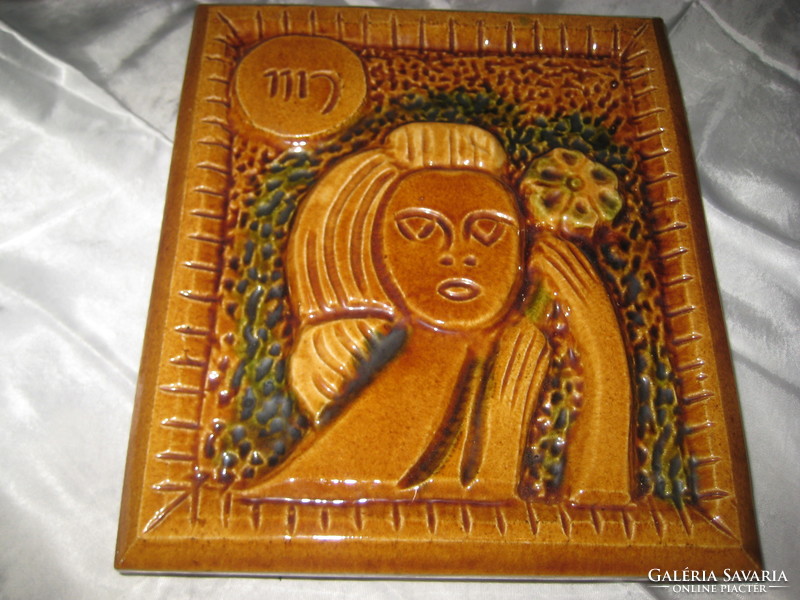 Ceramic wall picture, girl with flowers, 32 x 25 cm, good condition