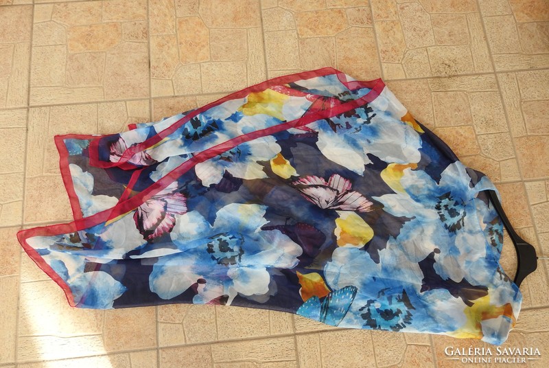 Butterfly and flower print, extra thin huge silk scarf
