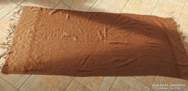 Large scarf with brown gold thread decoration and fringes at both ends