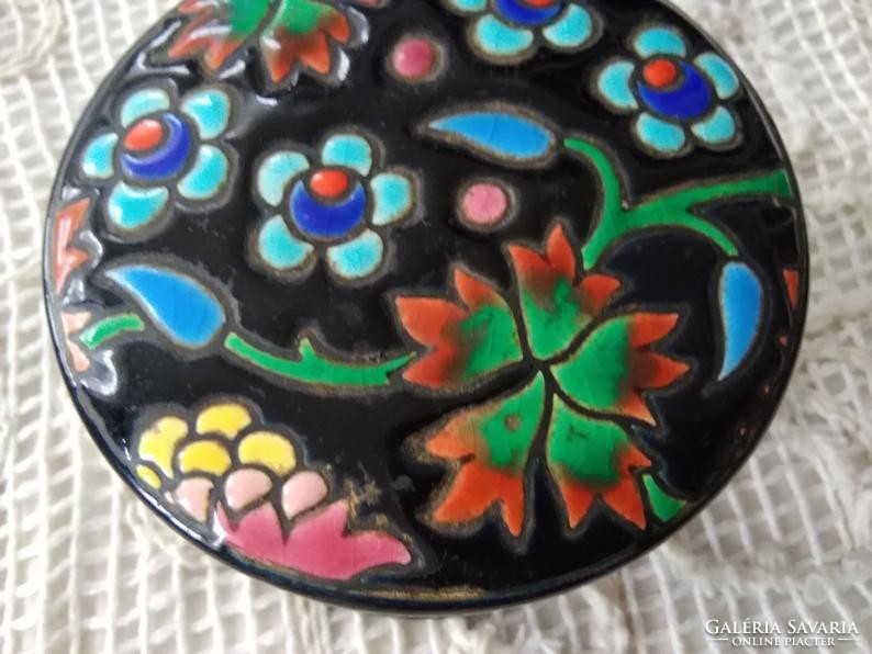 Vintage french longwy faience jewelry box with hand painted floral motifs