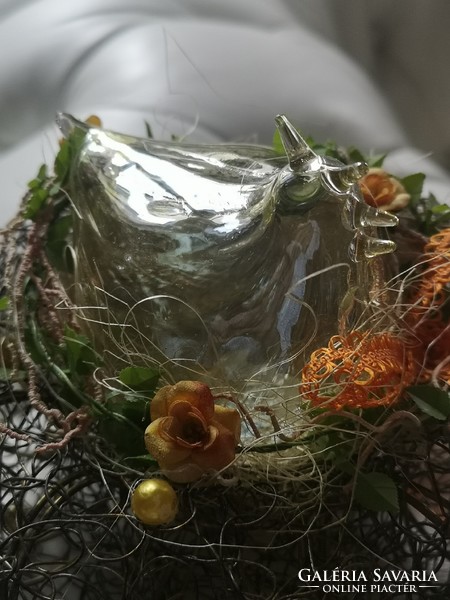 Húsvéti asztaldísz, fúj üveg madár, rézdrótos fészekben 15 cm