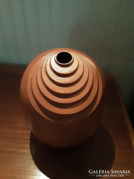 Retro, large, marked, craftsman ceramic vase with brown, showy, curved lines