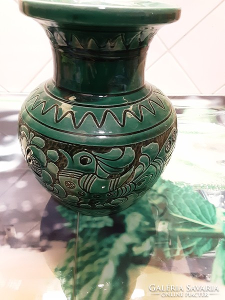 Józsa János famous potter - corundum glazed, green - black ceramic vase with a wonderful bird