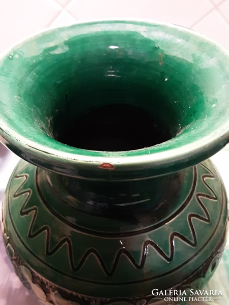 Józsa János famous potter - corundum glazed, green - black ceramic vase with a wonderful bird