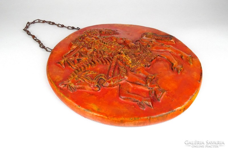 1D185 Jelzett iparművészetis narancs mázas kerámia falitál 24 cm