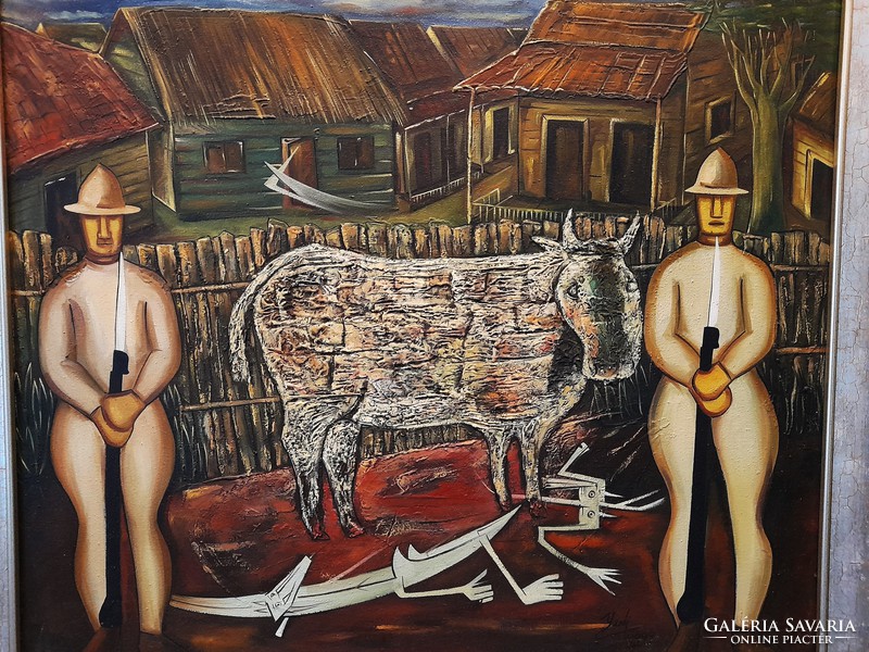 Tomás Yendi Estrada Cancino (Manzanillo, Cuba 1977 - ): the sacred cow, 1999.--- Oil on canvas