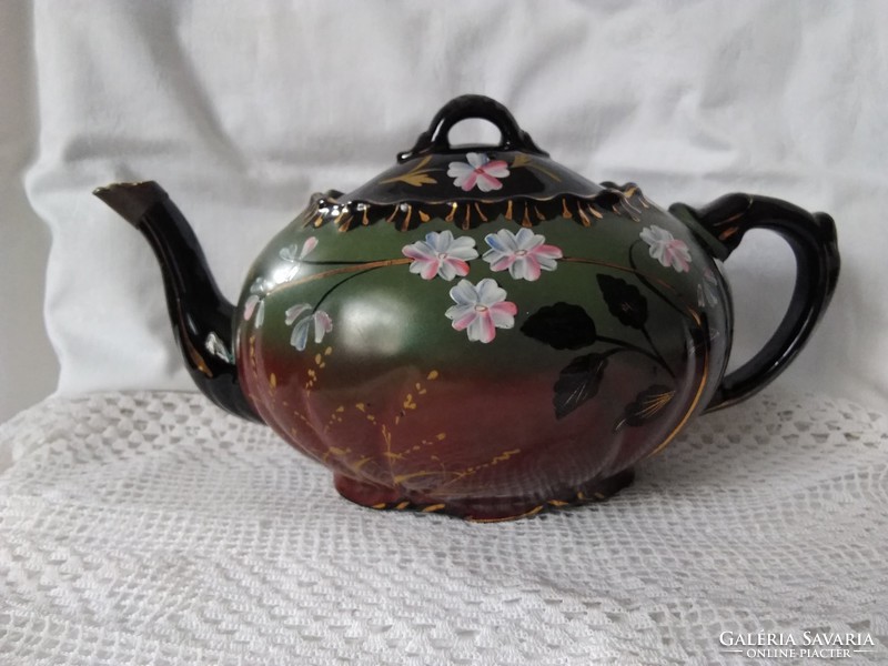 Antique thick-walled, floral porcelain jug in a rarer black-green color