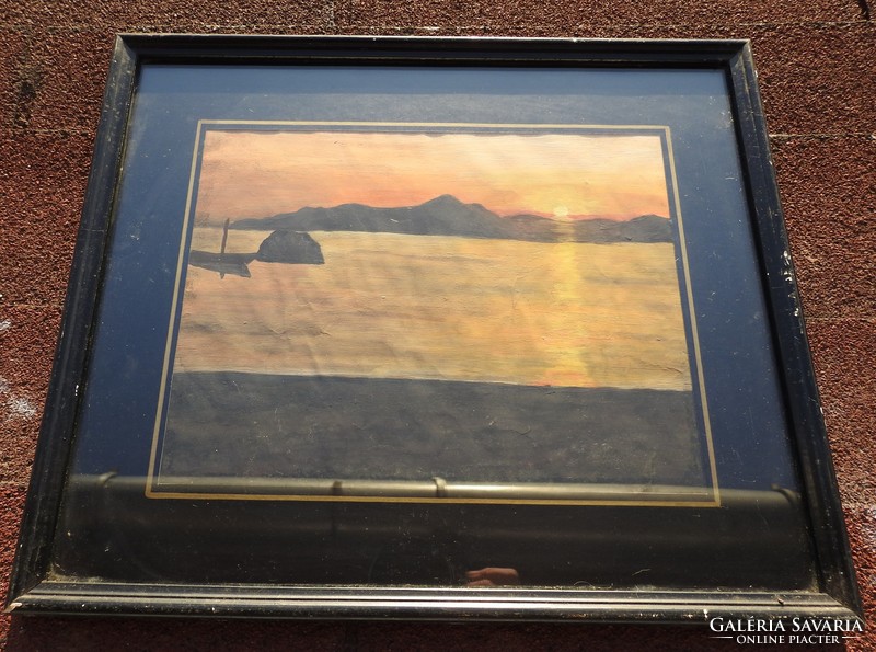 Antique watercolor mixed media _ sunset on the lake