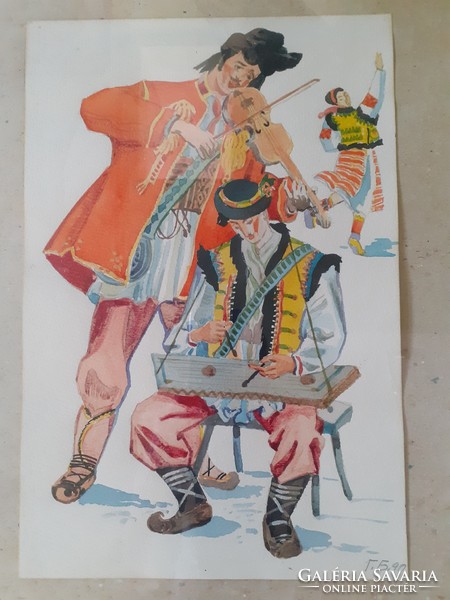 Népzenészek, akvarell (1990) cirill betűs jelzéssel életkép, szláv népviselet, zenészek és tánc