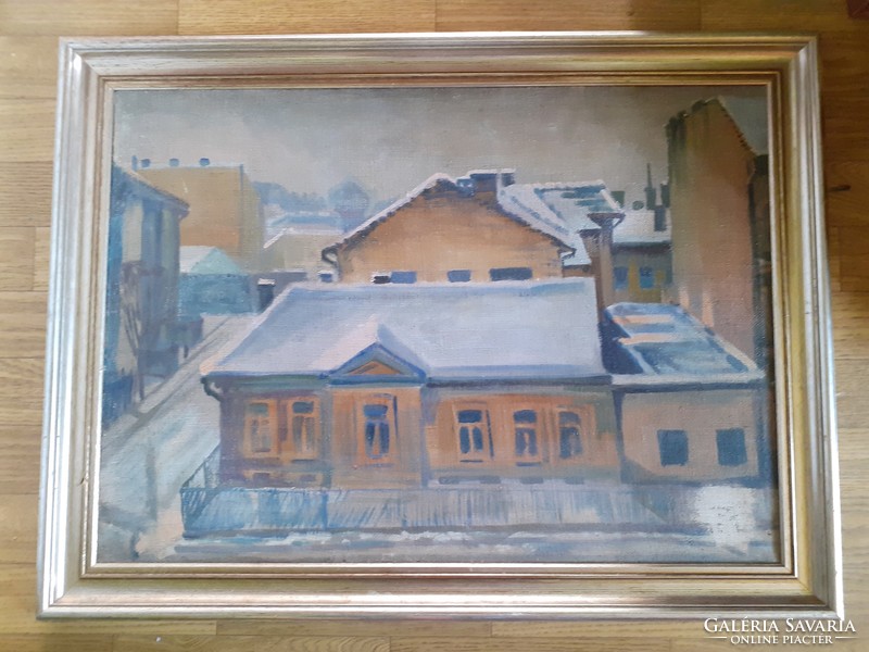 Snowy street scene (oil on canvas with frame 60x80 cm)