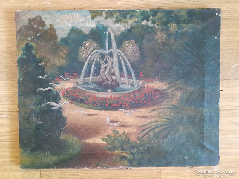 Parkrészlet szoboralakos szökőkúttal (olaj-vászon 36x45) tájkép, idill, természet, fák, plasztika)