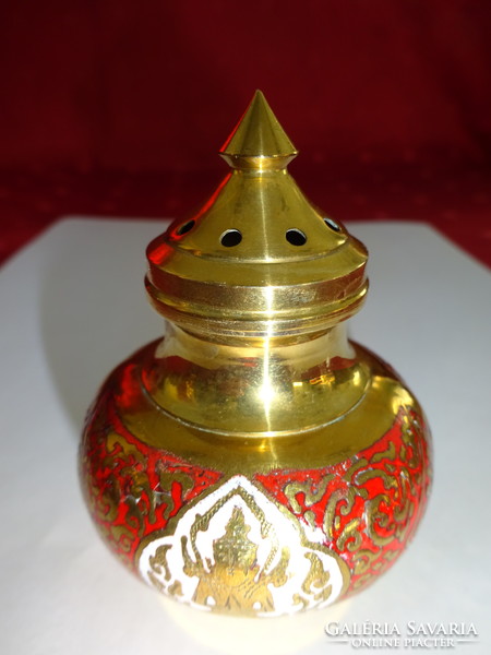 Copper salt shaker with fire enamel pattern, height 7 cm. He has!