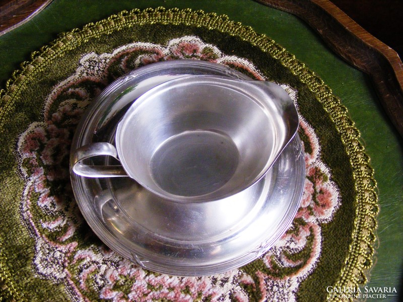 Beautiful, antique, marked, silver-plated, alpaca sauce pourer on a silver-plated tray