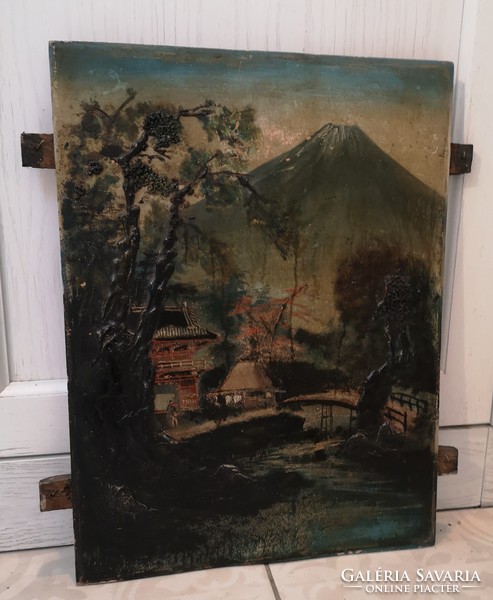 Old Japanese oil painting, landscape with Fuji, organic, authentic