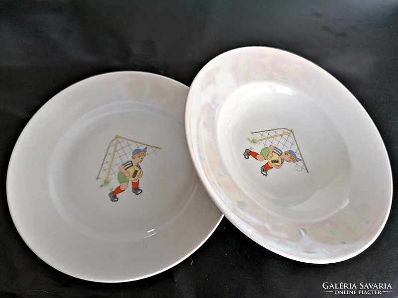 Pair of Zsolnay soccer goalie story plates
