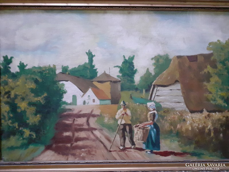 Vidéki életkép (olafestmény kerettel 31x45 cm)  falu, emberek, utcakép, tájkép