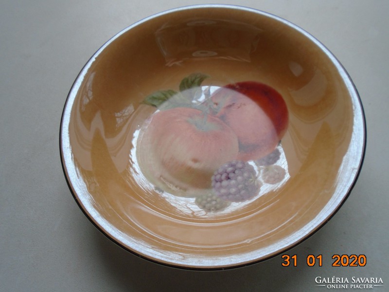 1920 WEHINGER Horn gyümölcs mintás eozinos tál "gyömbérüveg" jelzéssel,ezüst csíkkal