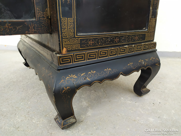 Antique Chinese Asian Furniture Painted Pearl Embossed Geisha Large Black Lacquer Cabinet 3840