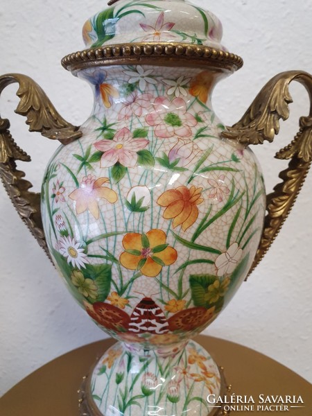 Painted urn vase with copper applications