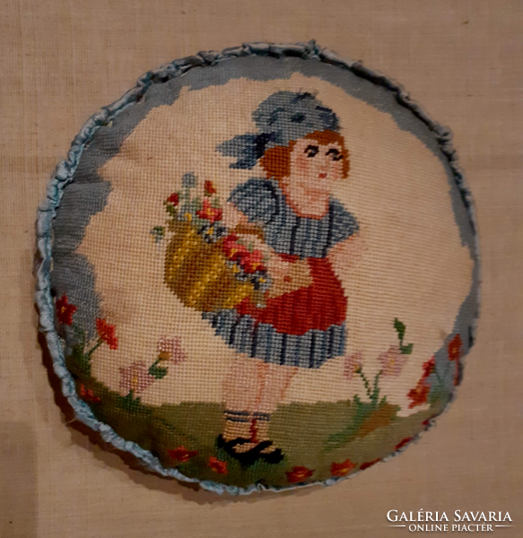 Old decorative pillow in good condition, tapestry, hand-embroidered front with inset, patterned silk on the back