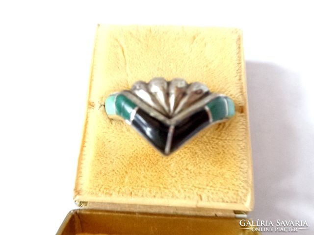 Silver, antique onyx, malachite, turquoise inlet ring 8.5