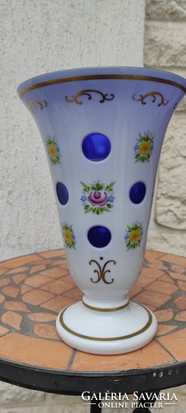Gyönyörű antik Cseh festett vàza,urna, kehely színes többrétegű festett, gyönyörű színű ! 
