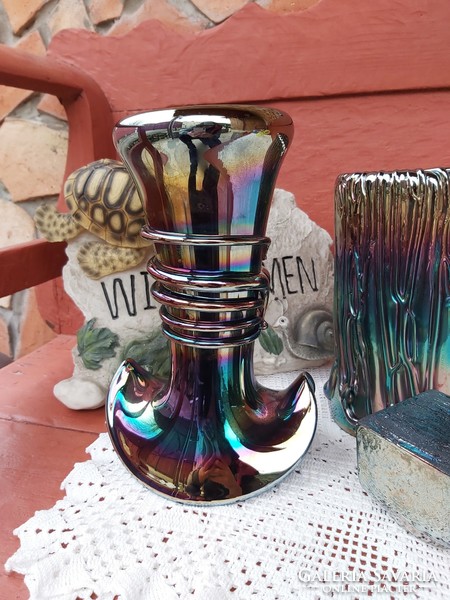 Üveg eozinos eozin irizáló szakított  Karcagi váza tintartó vagy gyertyatartó ritka Gyűjtői művészi