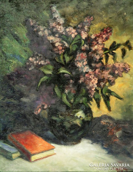 Magyar festő : Orgonák vázában 1947