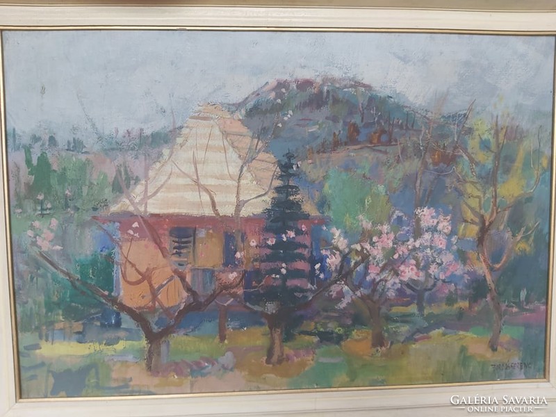 BORDÁS FERENC: Tájkép házikóval (olaj-vászon 60x90 cm) Aba-Novák tanítványa -panoráma, látkép, hegy