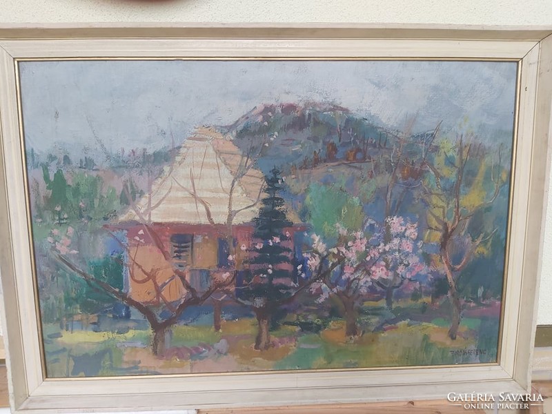 BORDÁS FERENC: Tájkép házikóval (olaj-vászon 60x90 cm) Aba-Novák tanítványa -panoráma, látkép, hegy