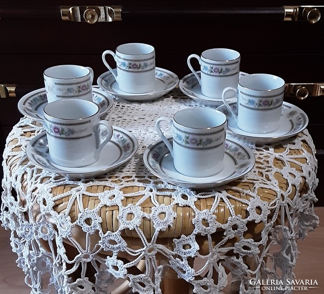 Retro Chinese porcelain, 6-person mocha, coffee set, gilded border floral pattern, scratch-free