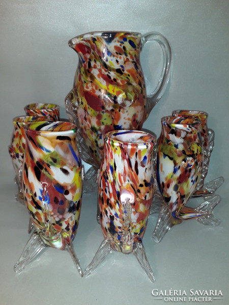 Mid century fulvio bianconi style spatter glass pourer + 6 glasses full drink set fish shaped