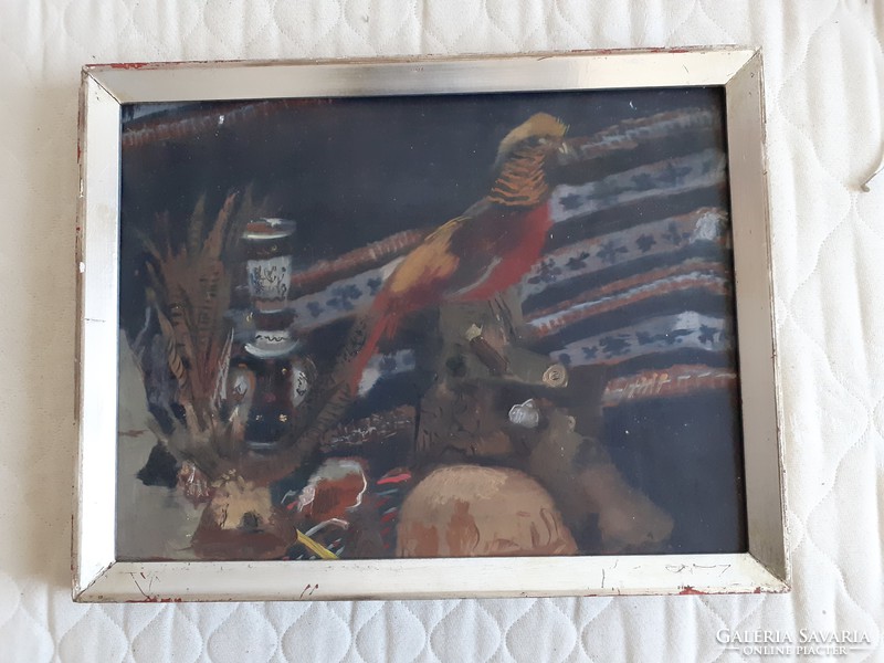 CSENDÉLET FÁCÁNNAL (olajfestmény kerettel 35x45 cm) asztali kép, állat, madár