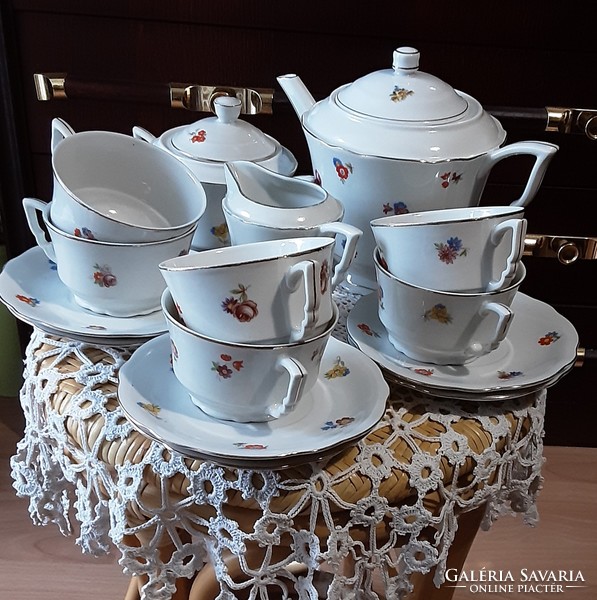 Zsolnay porcelán, antik, arany díszes, virágmintás hibátlan állapotú 15 részes teás készlet