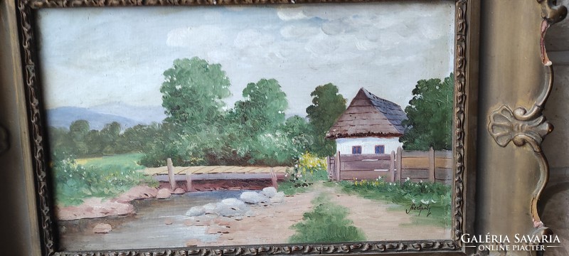 2. Ferenc Szentgály painting, village landscape with stream, house, cozy street view. Free postage for 2 purchases