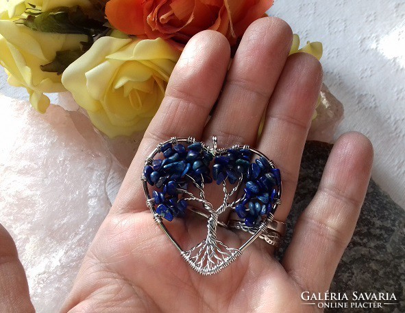 Large tree of life pendant term. Real lapis lazuli chips from grains, rhodium