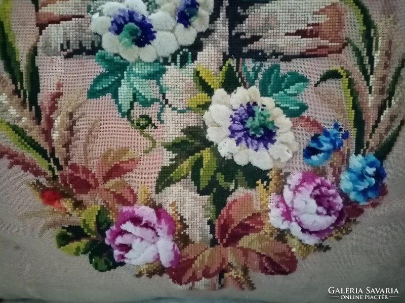 Old beautiful condition decorative pillow tapestry with hand embroidered front insert on the back silk corners with tassels