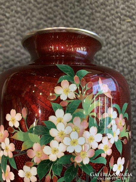 Japán zománc váza  cseresznye virágos 