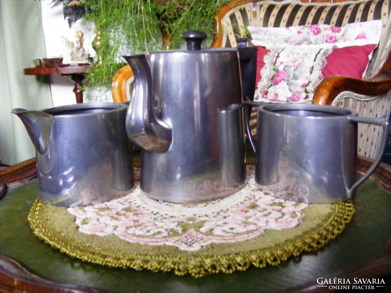 Beautiful, antique, pewter coffee or tea serving three-piece set,