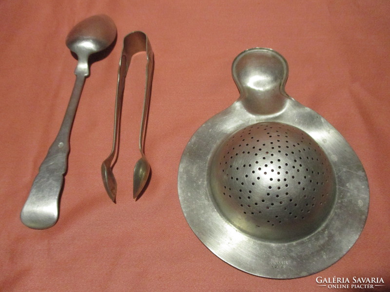 Old alpaca kitchen utensils, tea spoon, sugar tongs, tea strainer