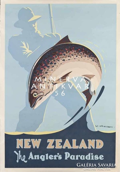 Horgászat, ugró hal, pisztráng, horgászbot, Új-Zéland 1950 Vintage/antik plakát reprint