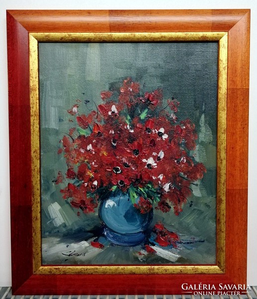 Signos, oil, floral still life on stretched canvas (24 x 30, in a new frame)