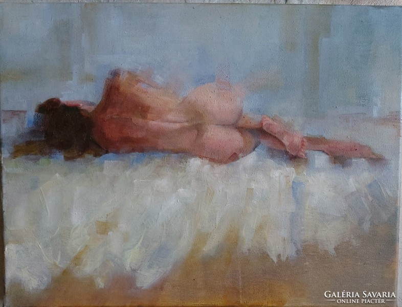 Oil painting on stretched canvas. Female nude, modern impressionist style