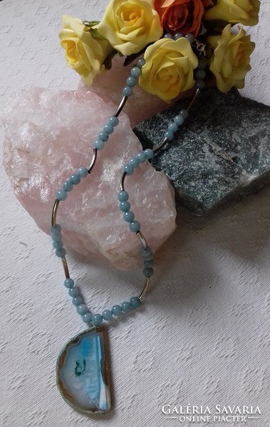 Real term. Unique mineral necklace with agate slice pendant