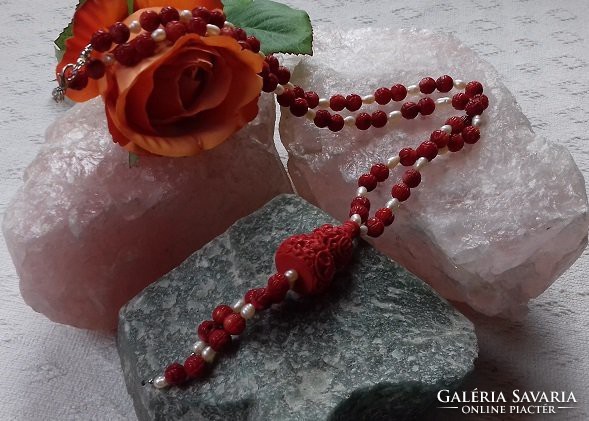 Genuine unique special coral-pearl necklace with cinnabar amulet