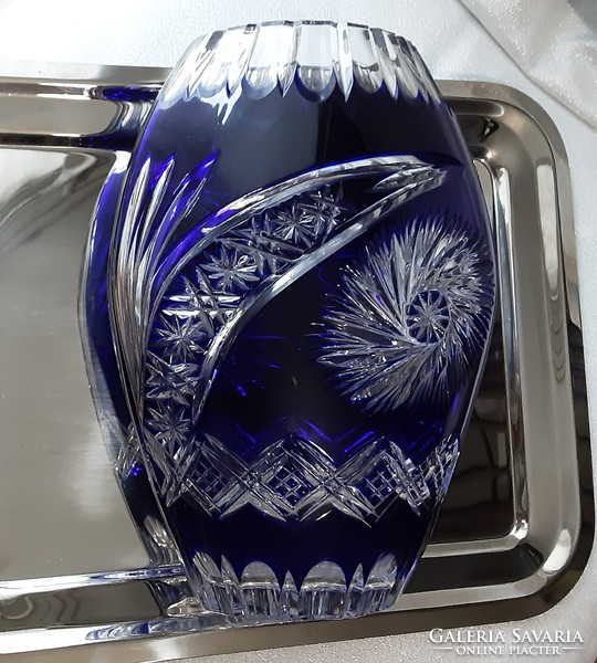 Royal blue lead crystal vase, richly decorated, hand-polished, unique, special, showcase quality