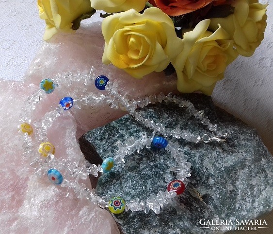 Real term. Rhinestone chips necklace with millefiori beads
